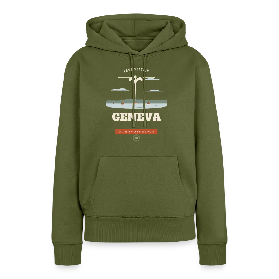 Geneva badge on a women’s premium organic hoodie, khaki