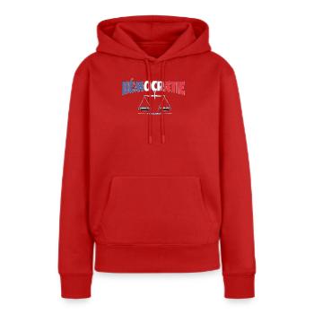 France : Liberté, Égalité, Fraternité - Sweat à capuche Premium bio Femme - rouge - Devant - Julia (174cm)