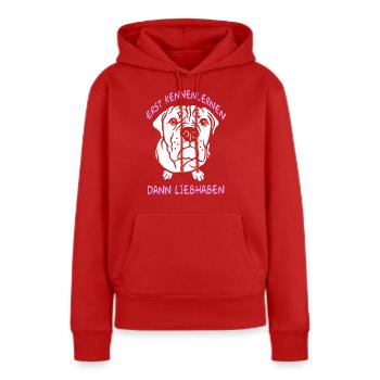 D’abord apprendre à se connaître, puis s’aimer - Bulldog - Sweat à capuche Premium bio Femme - rouge - Devant - Julia (174cm)