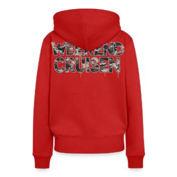Streetwear de style Streetwear Motif Voiture de Cruise Car du Week-End - Sweat à capuche Premium bio Femme - rouge - Dos - Julia (174cm)