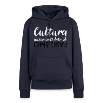 La culture est le seul antidote au fascisme - Sweat à capuche Premium bio Femme - bleu marine - Devant - Julia (174cm)