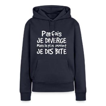 Jeu de mots drôle cadeau marrant sexe bite - Sweat à capuche Premium bio Femme - bleu marine - Devant - Julia (174cm)