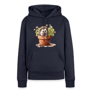 Hérisson dans un pot de fleurs, animal mignon dans un jardin de fleurs - Sweat à capuche Premium bio Femme - bleu marine - Devant - Julia (174cm)