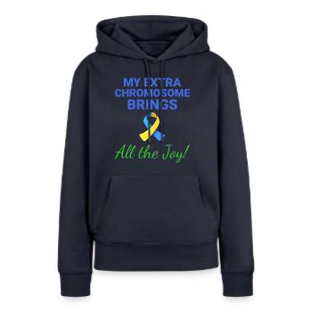 Down-Syndrom-Bewusstsein Joyful Extra Chromosom - Frauen Premium Bio Hoodie - Navy - Vorne - Julia (174cm)