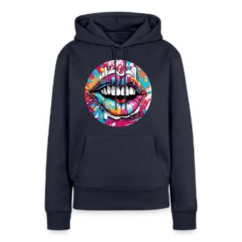 Bouche / Lèvres / Dents / Langue / Sourire / Baiser - Sweat à capuche Premium bio Femme - bleu marine - Devant - Julia (174cm)