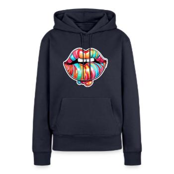 Bouche / Lèvres / Dents / Langue / Sourire / Baiser - Sweat à capuche Premium bio Femme - bleu marine - Devant - Julia (174cm)