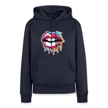 Bouche / Lèvres / Dents / Langue / Sourire / Baiser - Sweat à capuche Premium bio Femme - bleu marine - Devant - Julia (174cm)