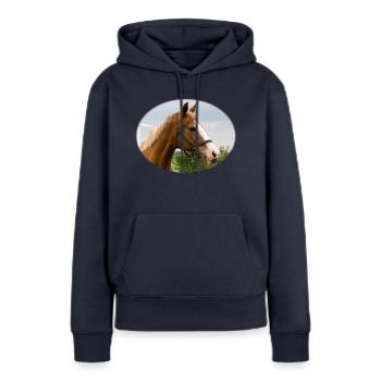 Cheval. Cheval. - Sweat à capuche Premium bio Femme - bleu marine - Devant - Julia (174cm)