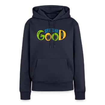 voir la bonne citation - Sweat à capuche Premium bio Femme - bleu marine - Devant - Julia (174cm)