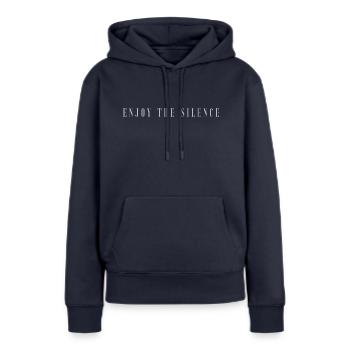 ÉCOUTE LE SILENCE - Sweat à capuche Premium bio Femme - bleu marine - Devant - Julia (174cm)