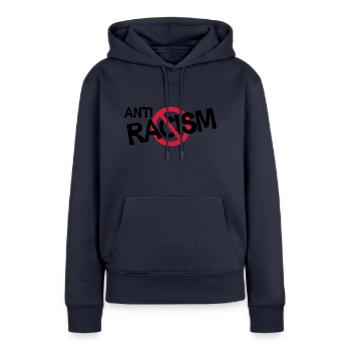 Anti racism - shirt anti racisme - Sweat à capuche Premium bio Femme - bleu marine - Devant - Julia (174cm)
