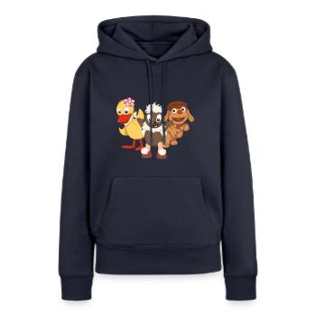 Pittiplatsch, Schnatterinchen & Moppi - Frauen Premium Bio Hoodie - Navy - Vorne - Julia (174cm)