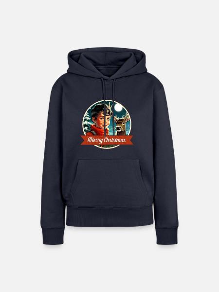 Junge und Hirsch im Winterwald - Frauen Premium Bio Hoodie - Navy
