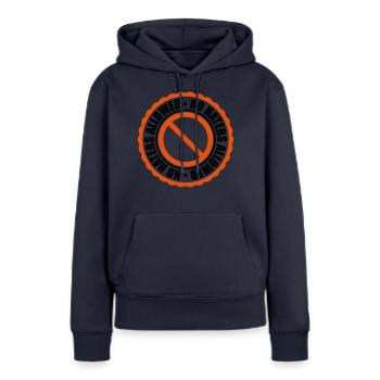 no haters allowed interdit signe signe cachet - Sweat à capuche Premium bio Femme - bleu marine - Devant - Julia (174cm)
