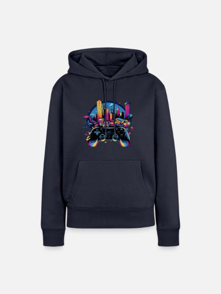 Gaming Universe: Controller & Cityscape Art - Frauen Premium Bio Hoodie - Navy