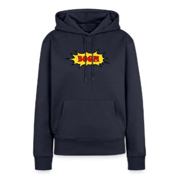 BOOM - Frauen Premium Bio Hoodie - Navy - Vorne - Julia (174cm)