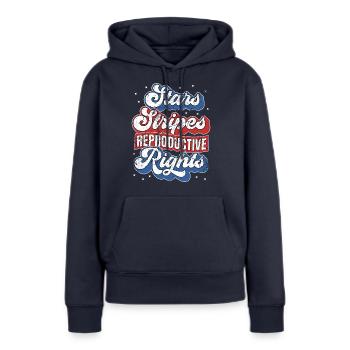 Retro Stars Stripes Reproduktive Rechte 4. von - Frauen Premium Bio Hoodie - Navy - Vorne - Julia (174cm)