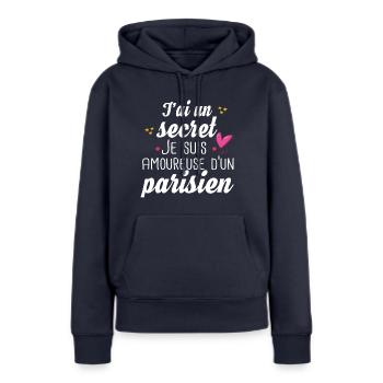 Parisien Paris Femme Amoureuse Cadeau Amour Humour - Sweat à capuche Premium bio Femme - bleu marine - Devant - Julia (174cm)