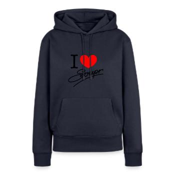 J’adore Soupr - Sweat à capuche Premium bio Femme - bleu marine - Devant - Julia (174cm)