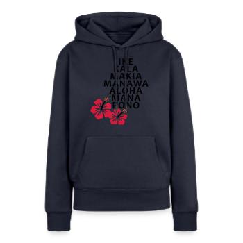 Fleurs Les principes Huna 7 / Hibiscus - Sweat à capuche Premium bio Femme - bleu marine - Devant - Julia (174cm)