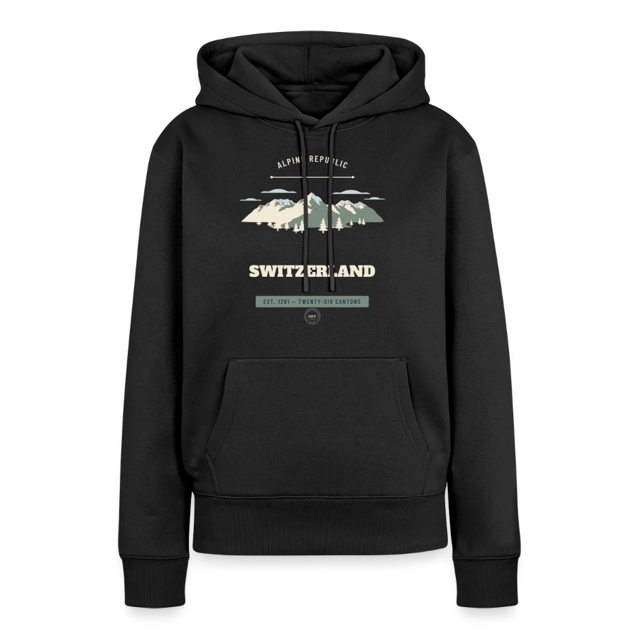 Switzerland badge on a women’s premium organic hoodie, black
