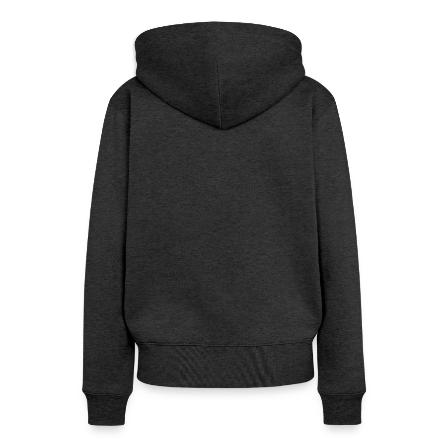 Mount Olympus badge on a women’s premium organic hoodie, heather anthracite, back