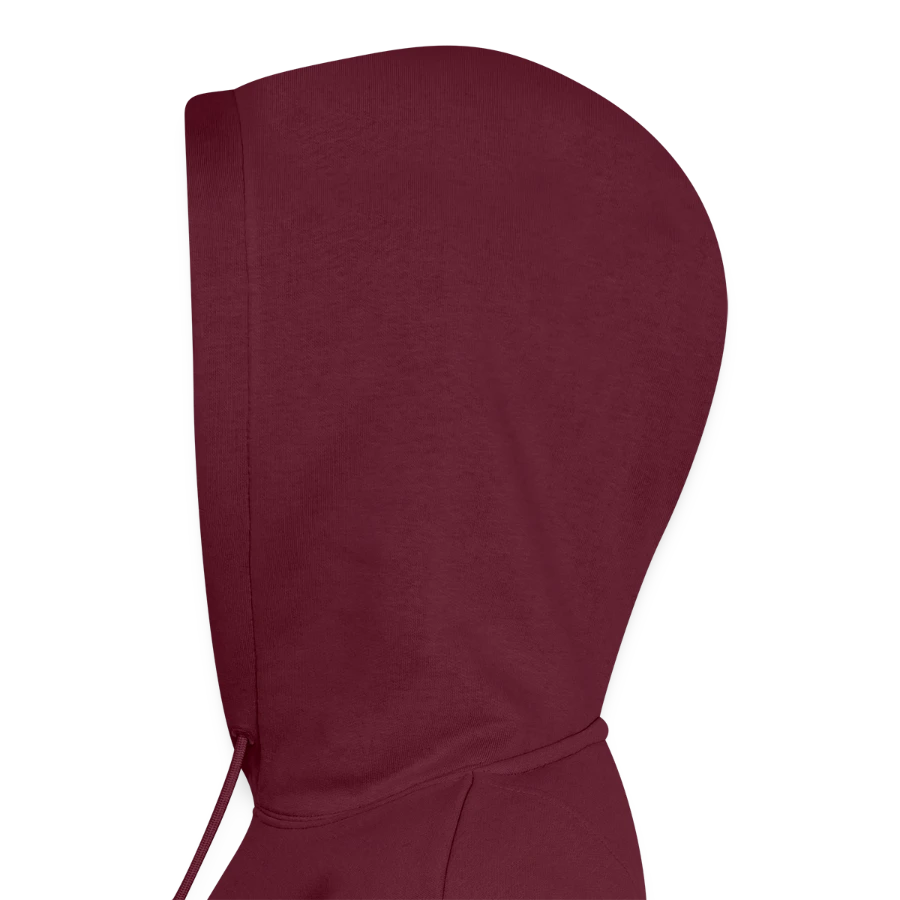 Mount Olympus badge on a women’s premium organic hoodie, burgundy, hood left
