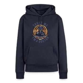 Peste Docteur Tenue Peste Docteur Masque Médicaments - Sweat à capuche Premium bio Femme - bleu marine - Devant - Julia (174cm)