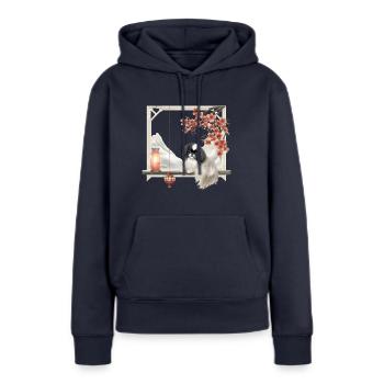Japonais Chin Cottagecore Zen Window Hommes Femmes - Sweat à capuche Premium bio Femme - bleu marine - Devant - Julia (174cm)