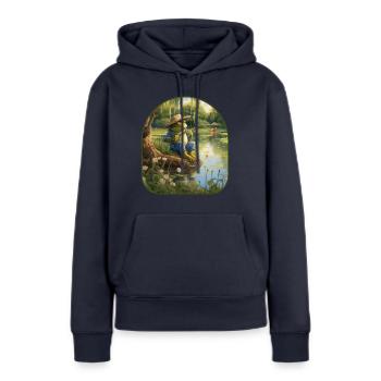 Cottagecore grenouille étang de pêche saules - Sweat à capuche Premium bio Femme - bleu marine - Devant - Julia (174cm)