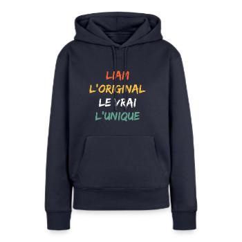 Liam - Sweat à capuche Premium bio Femme - bleu marine - Devant - Julia (174cm)