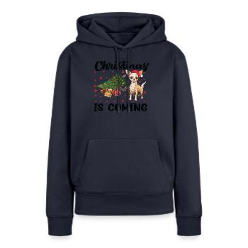 Noël arrive version chien - Sweat à capuche Premium bio Femme - bleu marine - Devant - Julia (174cm)