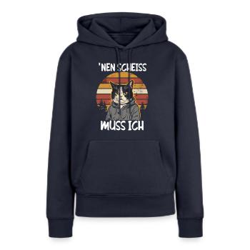 Drôle de chat qui dit : Je m’en fous - Sweat à capuche Premium bio Femme - bleu marine - Devant - Julia (174cm)