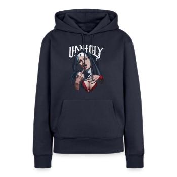 Provokant und Ausdrucksstark – Rebellische Mode - Frauen Premium Bio Hoodie - Navy - Vorne - Julia (174cm)