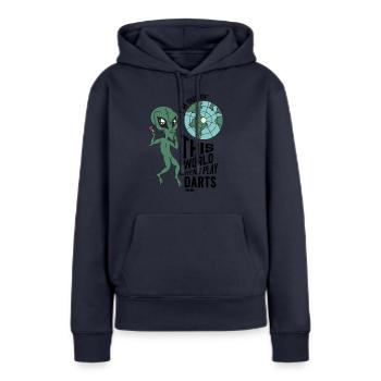 Ausserirdisches Lebewesen dartet Dartpfeil - Frauen Premium Bio Hoodie - Navy - Vorne - Julia (174cm)