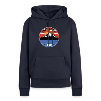 | du lac de Côme Italie | Lac et montagne - Sweat à capuche Premium bio Femme - bleu marine - Devant - Julia (174cm)