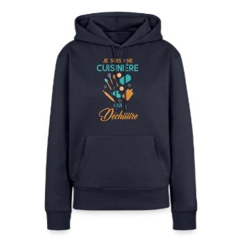 Cuisinière qui déchire - Sweat à capuche Premium bio Femme - bleu marine - Devant - Julia (174cm)