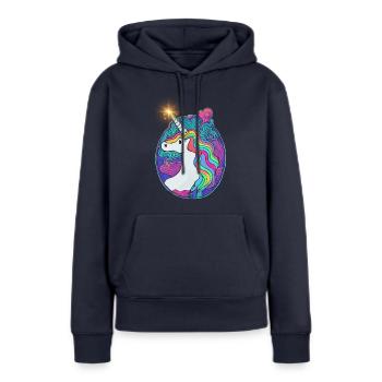 Emblème Licorne - Sweat à capuche Premium bio Femme - bleu marine - Devant - Julia (174cm)