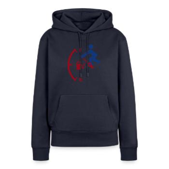 « Chargé de carburant » - Sweat à capuche Premium bio Femme - bleu marine - Devant - Julia (174cm)