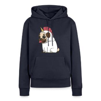 Knuffiger Einhorn Mops - Frauen Premium Bio Hoodie - Navy - Vorne - Julia (174cm)
