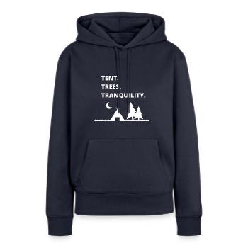 Tente, Arbres, Tranquillité - Sweat à capuche Premium bio Femme - bleu marine - Devant - Julia (174cm)