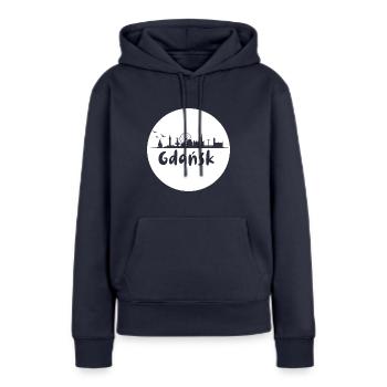 Gdansk,skyline, blanc,coupe à ciseaux,cercle,logo - Sweat à capuche Premium bio Femme - bleu marine - Devant - Julia (174cm)