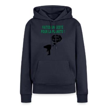 humour écolo - Sweat à capuche Premium bio Femme - bleu marine - Devant - Julia (174cm)
