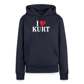 nom t-shirt J’aime Kurt idée cadeau t-shirt - Sweat à capuche Premium bio Femme - bleu marine - Devant - Julia (174cm)