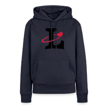 "L" coeur orbite - Sweat à capuche Premium bio Femme - bleu marine - Devant - Julia (174cm)