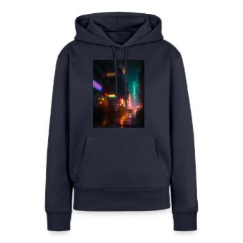 Une ville futuriste illuminée de néons - Sweat à capuche Premium bio Femme - bleu marine - Devant - Julia (174cm)