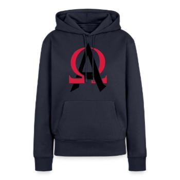 Alpha & Omega - Sweat à capuche Premium bio Femme - bleu marine - Devant - Julia (174cm)