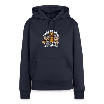 Ich war normal vor drei Yorkies - Doggy - Frauen Premium Bio Hoodie - Navy - Vorne - Julia (174cm)