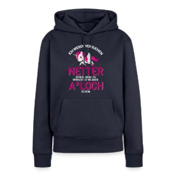 Einhorn böse nett frech Geschenkidee fun - Frauen Premium Bio Hoodie - Navy - Vorne - Julia (174cm)