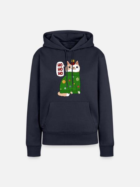 Katze im Weihnachtspullover - Frauen Premium Bio Hoodie - Navy